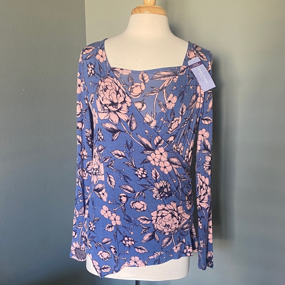 NWT Maternity Nursing Top Women's Blue Floral Wrap-Style Long Sleeve Top